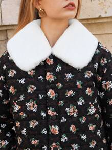 SHEIN Frenchy 女式撞色花卉印花翻领夹棉大衣 - 彩色 - 查看 3
