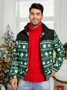 Manfinity VCAY Veste casual matelassée en tricot à imprimé sapin de Noël, coupe ample pour homme