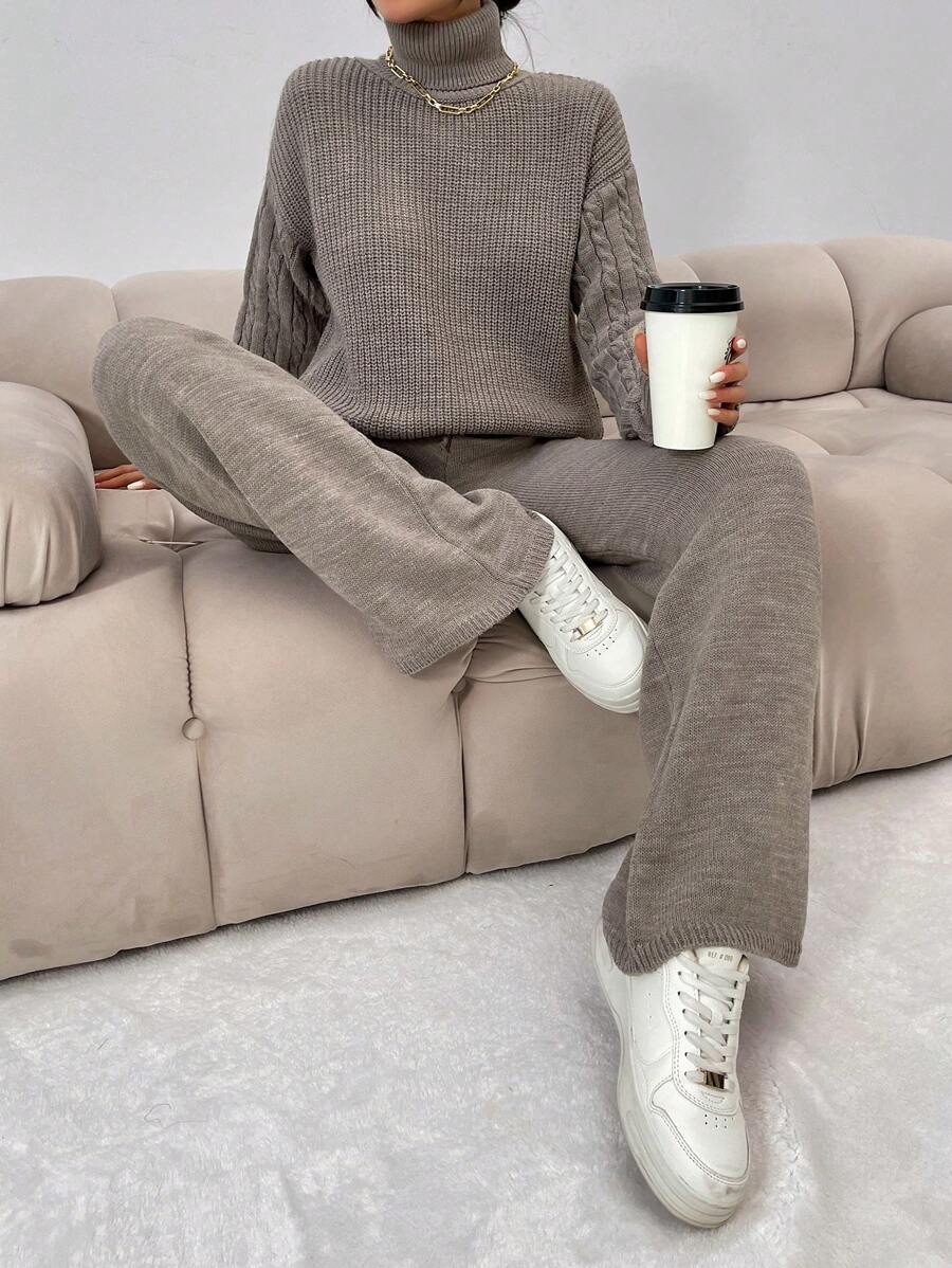 EURMUSE Turtleneck Drop Shoulder Sleeve Sweater And Pants Set