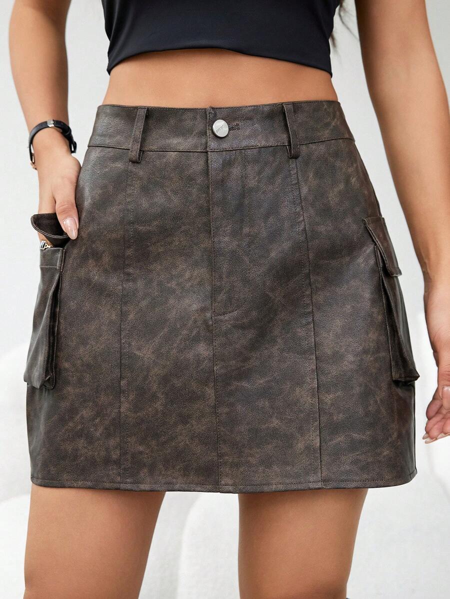 GENKIRA Chân váy da giả đơn giản có túi cho nữ - xanh quân đội - Xem 1