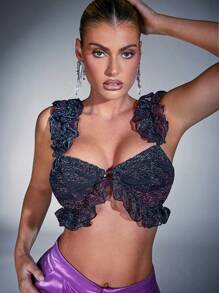 Hauture Ruffle Trim Crop Metallic Mesh Top - Black - View 1