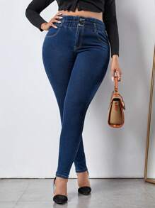 SHEIN SXY 大尺碼修身牛仔褲 - 深色水洗藍 - 查看 3