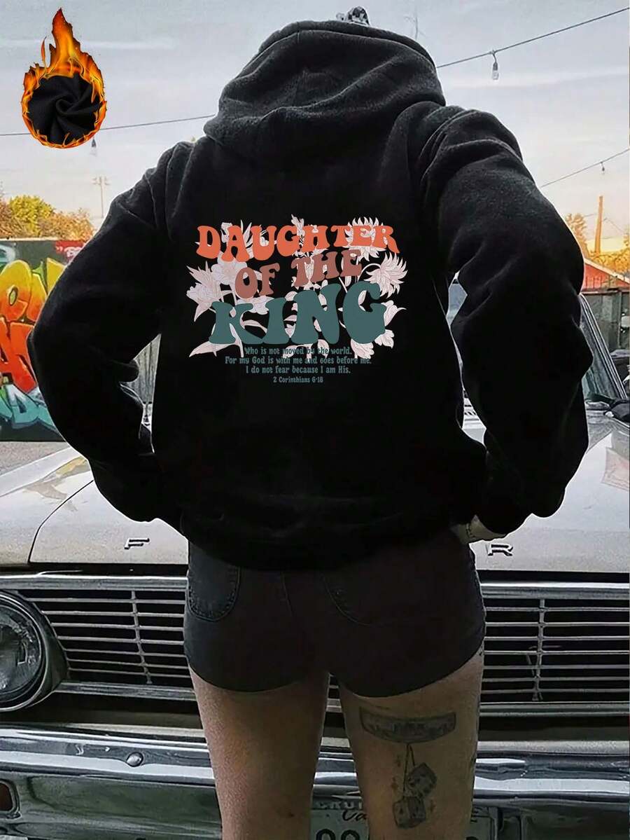 大尺碼女標語印花連帽抓絨運動衫 - 黑色 - 查看 1