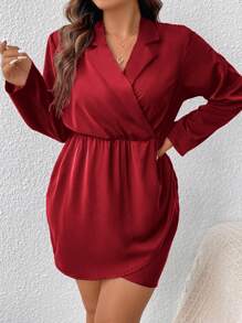 SHEIN Frenchy Women'S Solid Color Plus Size Dress - Burgundy - View 5