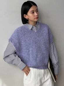 Dazy Designer Tím Không tay Cổ chữ V Áo len vest ( Không có áo sơ mi ) - Màu xanh lam - Xem 7