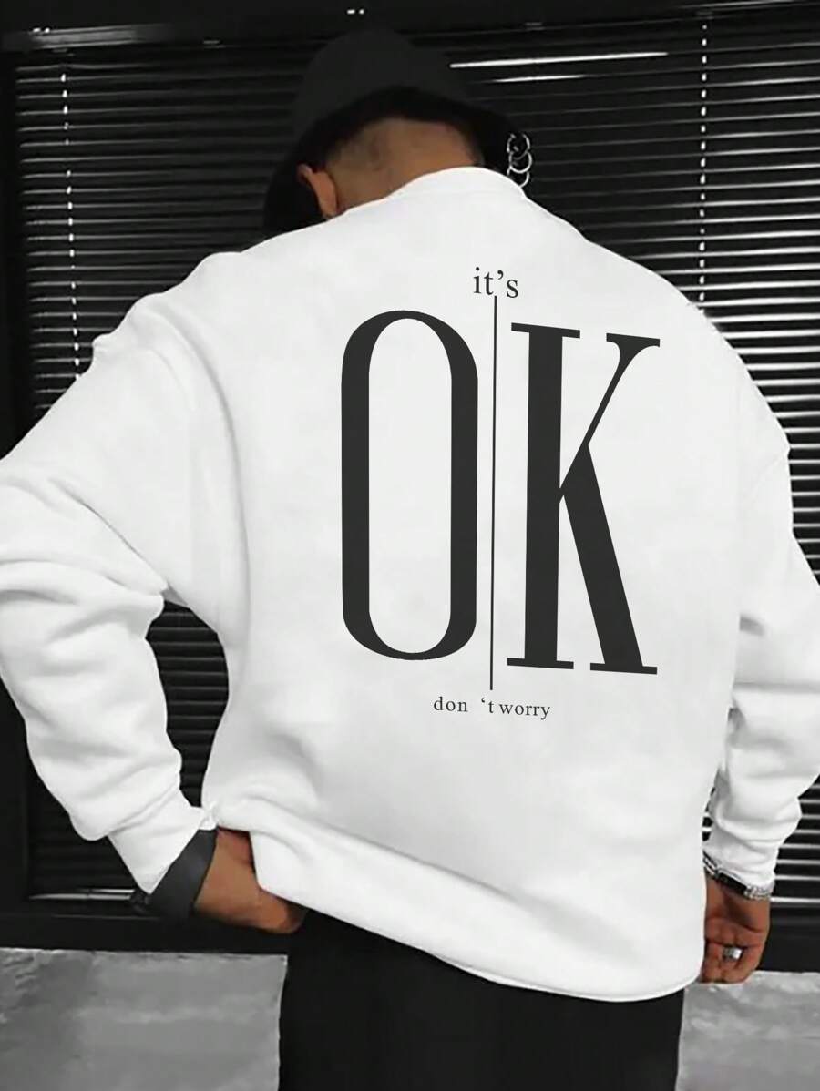 Manfinity Homme 男款大尺碼標語印花落肩運動衫 - 白色 - 查看 1