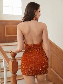 Sweetness Sâu v cổ Lung linh Kim sa Không lưng Dây Buổi tiệc Hằng ngày Ngày đêm Quần bó Đầm Mini - Đỏ - Xem 6