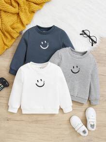 SHEIN 寶寶男孩可愛面部圖案長袖圓領運動衫3入組 - 彩色 - 查看 1