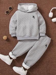 SHEIN Junge 2 Stücke/ Set Lässige Pferdereiter Muster Fleece Langarm Hoodie Und Lange Hose - Grau - Übersicht 1
