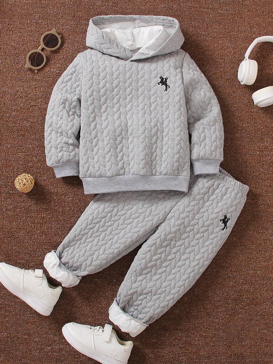 SHEIN Junge 2 Stücke/ Set Lässige Pferdereiter Muster Fleece Langarm Hoodie Und Lange Hose - Grau - Übersicht 1
