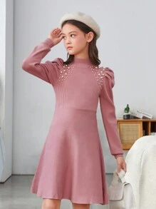 SHEIN Cô gái Tween Giải trí Màu thuần Ống tay áo Đầm Áo len Với Tròn Vòng cổ - Hồng - Xem 3