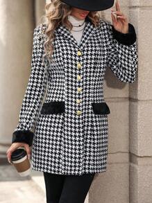 SHEIN Clasi Houndstooth Plush Splice Woolen Coat Fall Cloth For Women - Black - View 6
