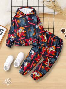 SHEIN 2pcs/Set Young Boy Casual Cartoon Print Hoodie And Fleece Pants Set, Thickened