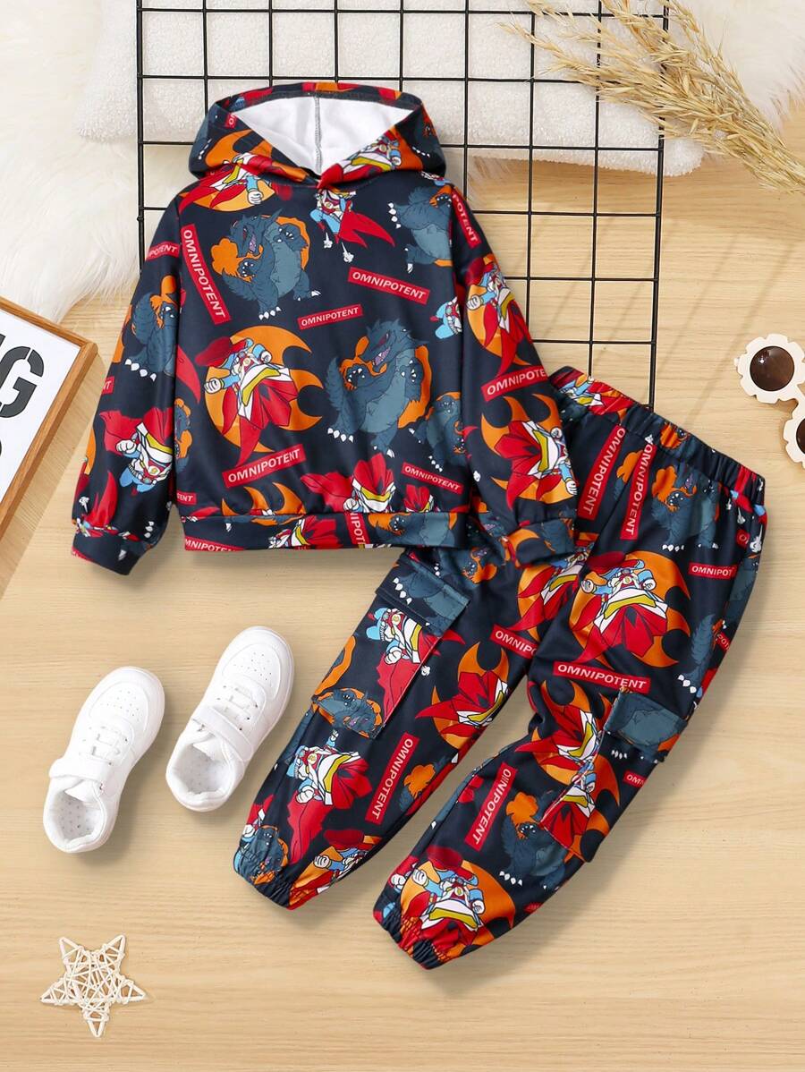 SHEIN 2pcs/Set Young Boy Casual Cartoon Print Hoodie And Fleece Pants Set, Thickened