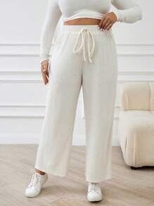 SHEIN Frenchy Pantalones De Canalé Anudados De Talla Grande Para Mujer - Albaricoque - Ver 1