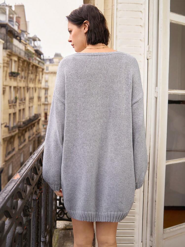 Ladies' Lace Splice V-Neck Drop Shoulder Sweater Dress Winter Casual