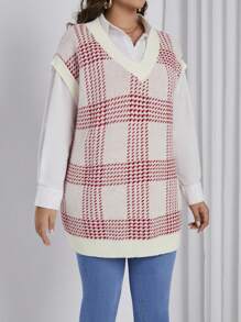 SHEIN Essnce 女士加大碼v領拼色格紋毛衣背心,帶有裝飾邊緣 - 紅色 - 查看 4