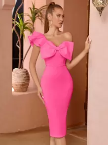 ADYCE Asymmetrical Neck Big Bow Front Ruffle Trim Cocktail Party Bandage Dress - Hot Pink - View 1