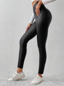 SHEIN Essnce Solid PU Leather Wide Waistband Leggings - Black - View 5