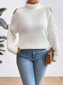 SHEIN LUNE Women'S Plus Size Turtleneck Sweater With Off Shoulder Design And Raglan Sleeve - White - View 2