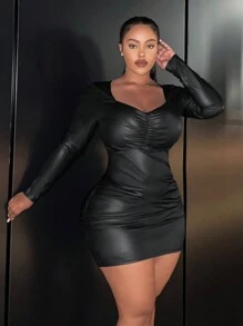 Slaydiva Kích thước lớn Xếp li Da giả Đầm Với Cổ Trái tim - màu đen - Xem 2