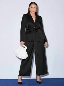 BizChic Của phụ nữ Đen Xa ten Cổ chữ V Kích thước lớn Áo vest Với Thắt Lưng - màu đen - Xem 3