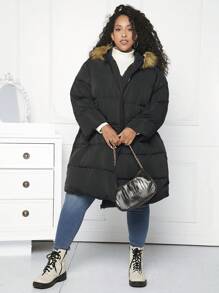 SHEIN CURVE+ Plus Slant Pockets Fuzzy Trim Hooded Padded Coat, For Winter Fall Autumn