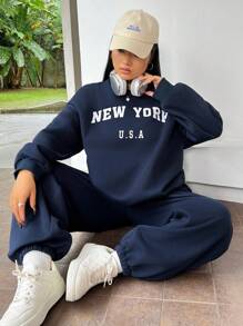 SHEIN EZwear 大尺碼女款簡約印花純色圓領運動衫與運動褲套裝 - 藏蓝色 - 查看 1