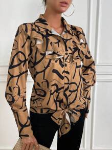 Chiquease Women's Pattern Printed Ruffle Trim Long Sleeve Blouse/shirt