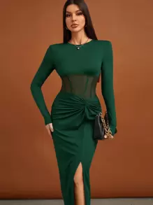 SHEIN Tall 網眼和高開襠設計長袖連衣裙 - 墨綠色 - 查看 7