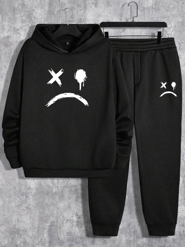 Manfinity RebelGame Conjunto De Pantalones Y Sudadera Con Capucha Y Estampado Divertido De Talla Grande Para Hombre - Negro - Añade 2