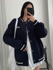 Dazy Star Của phụ nữ Lá thư In Nút Lên Sọc trang trí Áo khoác - Màu xanh hải quân - Xem 9