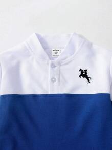 SHEIN 男孩色塊拼接polo衫加腰帶直筒褲套裝 - 藍色 - 查看 3