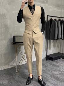 Manfinity Mode Men's Suit Vest And Pants Set - Khaki - View 1
