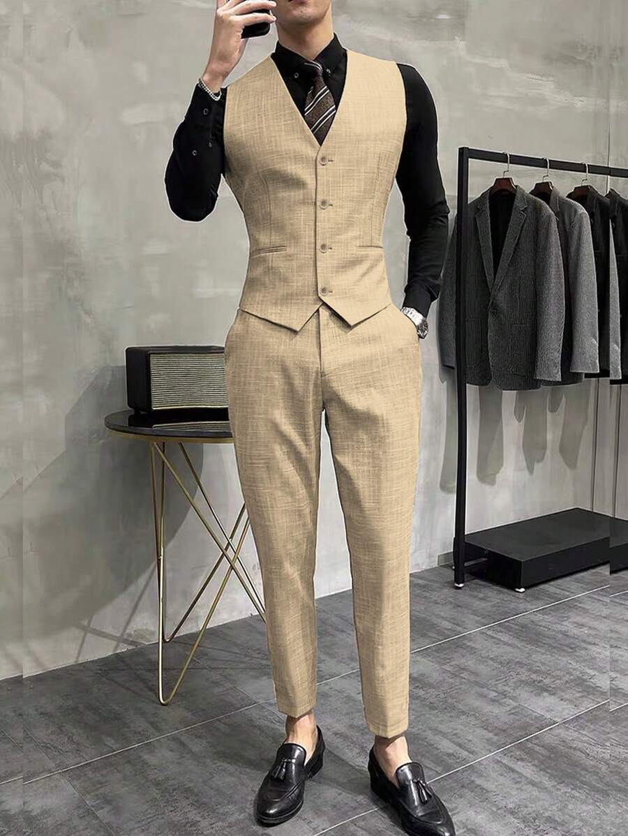 Manfinity Mode Men's Suit Vest And Pants Set - Khaki - View 1