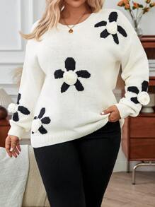Calvaya 女士大尺碼花卉圖案落肩毛衣 - 白色 - 查看 1