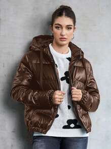Manfinity VCAY 1pc Loose Fit Solid Color Drawstring Hooded Padded Coat, For Fall Winter - Brown - View 3