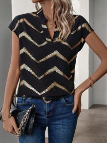 SHEIN Clasi 女式燙金印花缺口 V 領條紋襯衫 - 黑色 - 查看 6