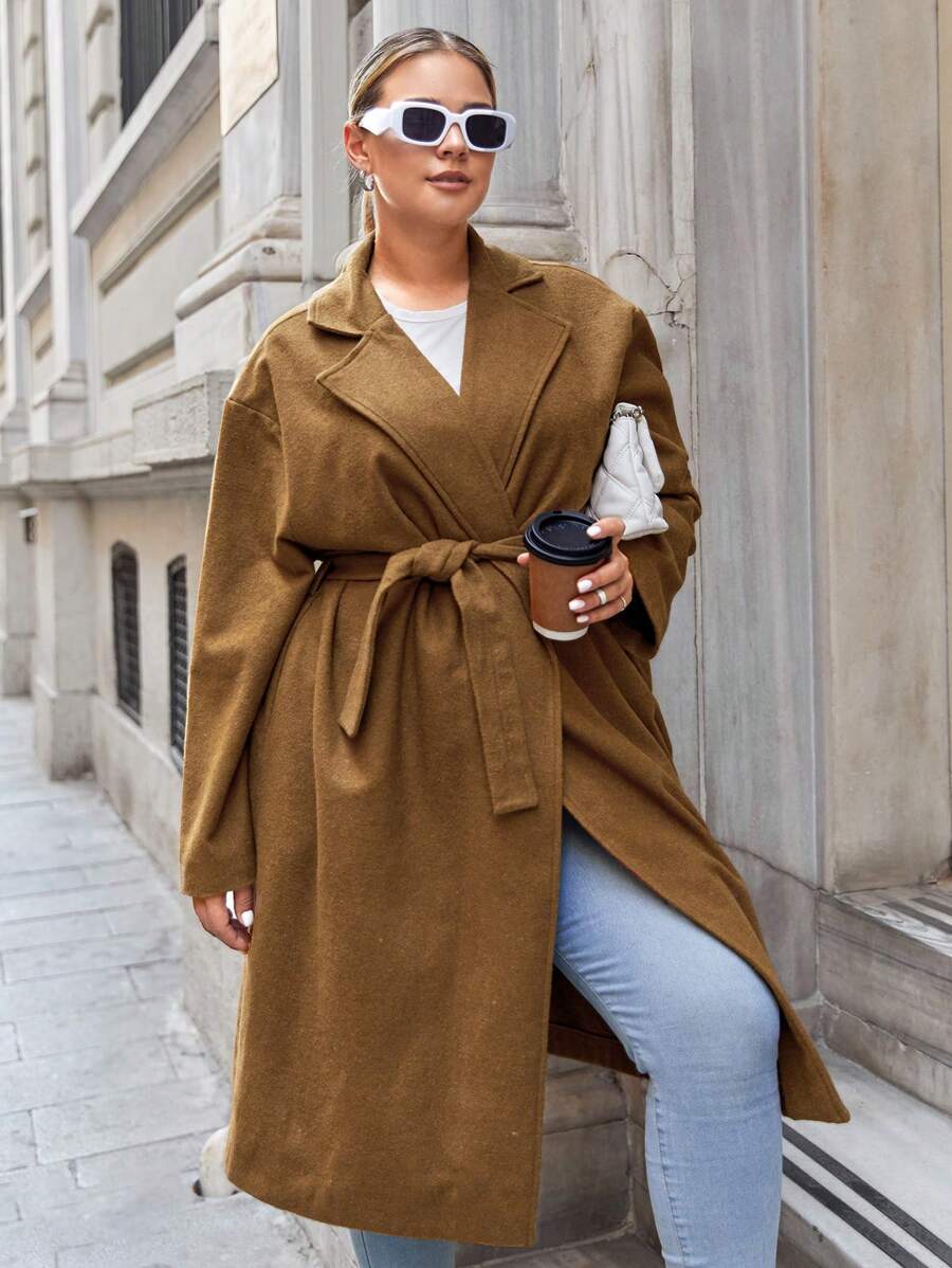 SHEIN Cottnline Plus Lapel Neck Belted Overcoat - Camel - View 1