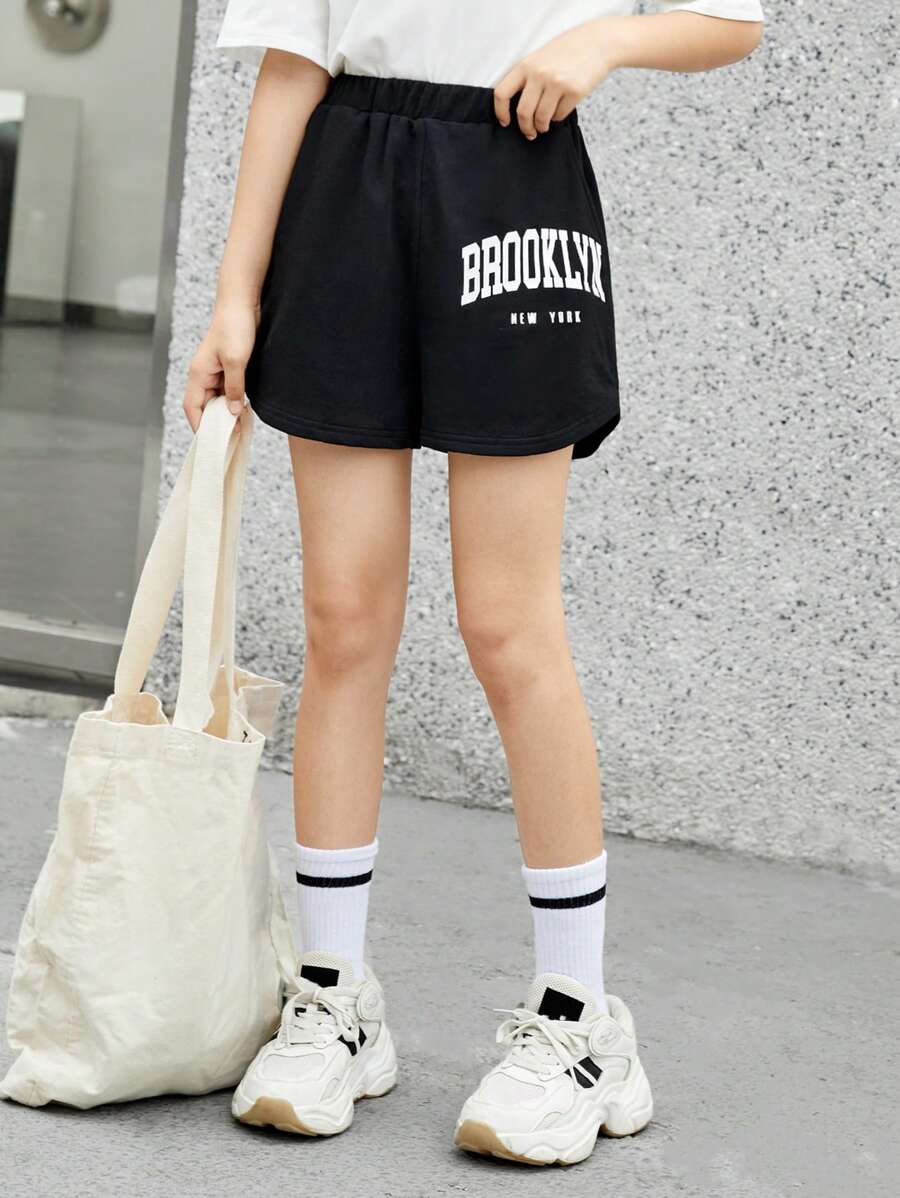 Girls' Loose Fit Casual Shorts With Letter Print