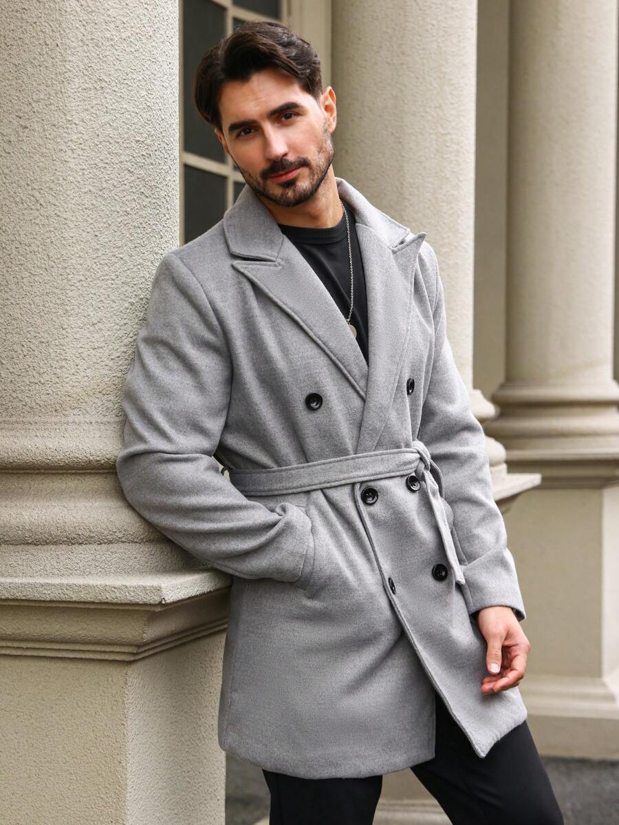 Manfinity Homme Men's Wool Blend Double-Breasted Coat With Belt - Grey - View 1
