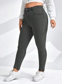 SHEIN Essnce Của phụ nữ Kích thước lớn Màu thuần Quần jean Với Đường chéo Túi - Xám - Xem 5