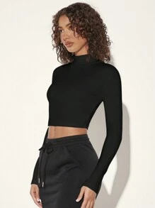 SHEIN BASICS 女修身立領長袖 T 卹 - 黑色 - 查看 6