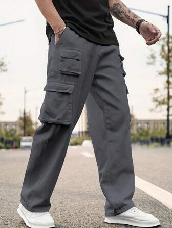 Men's Solid Color Pocket Design Casual Cargo Pants, For Fall