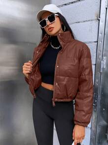 SHEIN EZwear Áo khoác đệm ngắn giản dị màu trơn da PU khóa kéo phía trước cho nữ mùa đông - Cà phê nâu - Xem 5