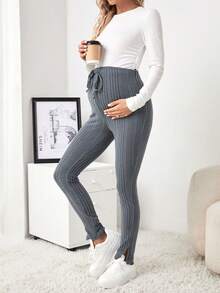 SHEIN Maternity Drawstring Ribbed Leggings - Blue - View 3