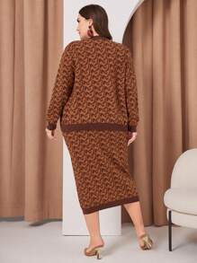 Mulvari Women'S Plus Size Full Printed Button Up Cardigan And Skirt Set 2 Piece Set - Brown - View 2