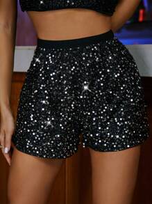 Zolique Quần short lấp lánh kim sa tương phản cạp chun cho tiệc tùng - Bạc - Xem 7
