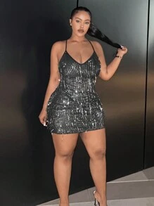 Slaydiva Plus Size Women's Glittery Sleeveless Dress - Black - View 4