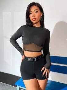 SHEIN Unity Women's Mesh Splice Round Neck Crop Top - Black - View 1